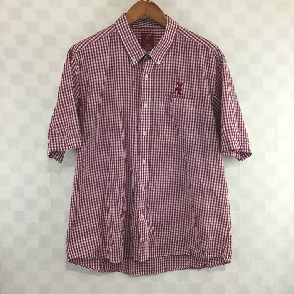 Antigua Alabama Crimson Tide Mens XXL Red Gingham Short Sleeve Button Down Shirt